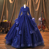 Solvbao Navy Blue Long Sleeves Party Dress Prom Dress, Tulle with Lace Formal Dresses