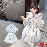 SOLVBAO Girl's Ancient Style Han Chinese Clothing Suit Chinese Style Summer Little Girl's Ancient Costume Children's Blue and White Porcelain Tang Suit Performance Wear