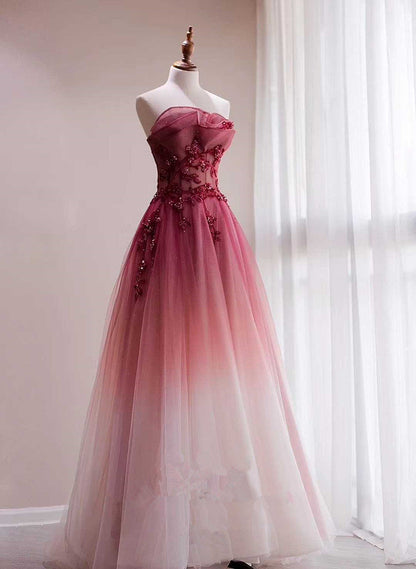 Solvbao Red Beaded Gradient Tulle Long Party Dress, A-line Elegant Lace-up Prom Dress