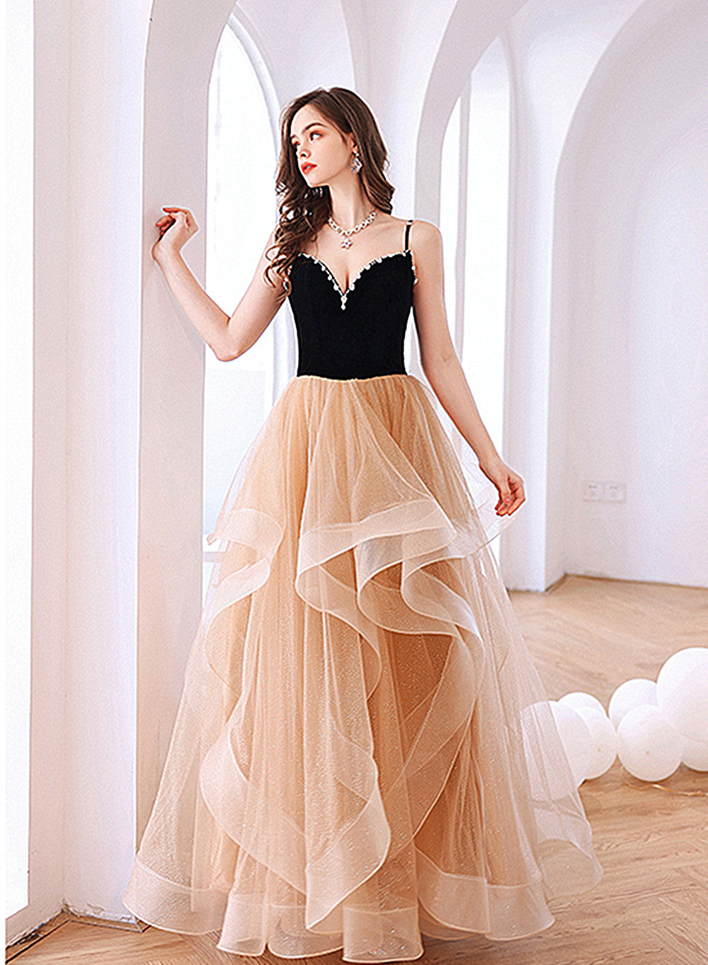 Solvbao Champagne Layers Tulle with Velvet Straps Party Dress, Long Evening Gown