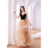 Solvbao Champagne Layers Tulle with Velvet Straps Party Dress, Long Evening Gown