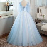 Solvbao Light Blue V-neckline Long Puffy Sleeves Party Dress, Blue Evening Gown