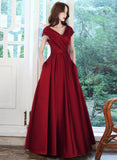 Solvbao Wine Red Satin V-neckline Floor Length Party Dress, Wine Red Satin Prom Dress