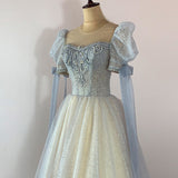 Solvbao Blue and Champagne Tulle Beaded Shiny Tulle Prom Dresses, A-line Long Party Dresses