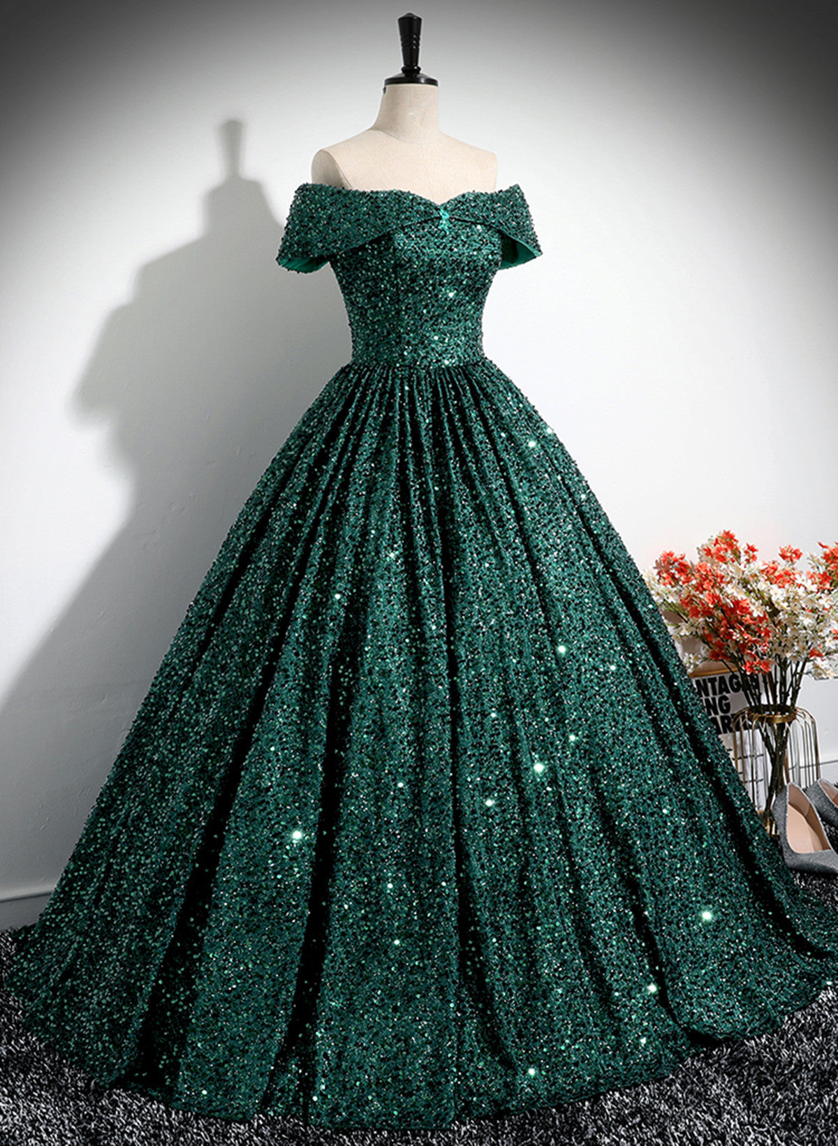 Solvbao Dark Green Sequins Off Shoulder Ball Gown Party Dress, Dark Green Formal Dress