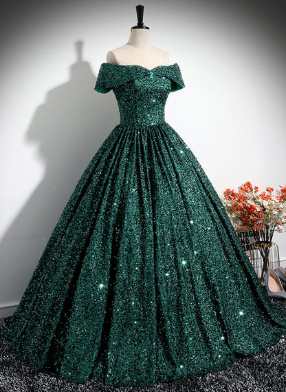 Solvbao Dark Green Sequins Off Shoulder Ball Gown Party Dress, Dark Green Formal Dress