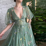 SOLVBAO European and American Evening Dress Foreign Trade Green Tulle Dance Dress Puff Sleeve V-neck Flower Floor-Length V-neck Sexy Long Dress