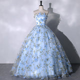 Solvbao Blue Flowers Sweetheart Ball Gown Formal Dress, Blue Long Sweet 16 Dresses