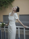 SOLVBAO White  Style Square Collar Short Sleeve Slim Stretch Long License Engagement Wedding Dress Dress