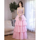 SOLVBAO Pink Sequined Suspender Evening Dress  Spring New Niche Annual Meeting Host Princess Cake Dress Long Dress