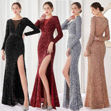 Banquet Host Dress Company Annual Meeting Red Carpet Evening Dress V-neck Long Sleeve Thin and Glittering Hem High Slit Long Dress for Women