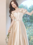 solvbao Light Champagne Satin Sweetheart Beaded Party Dress, A-line Satin Prom Dress