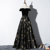 Solvbao Black Off Shoulder Velvet and Floral Long Party Dress, Prom Dress