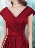 Solvbao Wine Red Satin V-neckline Floor Length Party Dress, Wine Red Satin Prom Dress