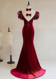 Solvbao Wine Red Mermaid Long Party Dress with Bow, Wine Red Evening Dress Prom Dress