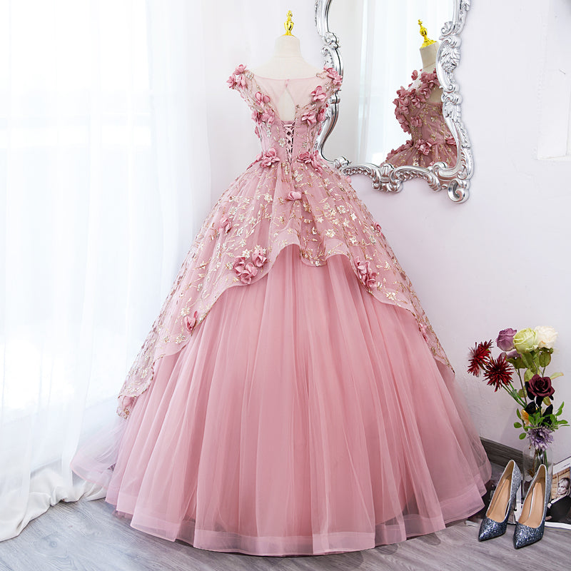 Solvbao Lovely Pink Tulle Long Party Dress with Flowers, Pink Tulle Sweet 16 Gown