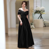 SOLVBAO Black Slimming Evening Dress Women's  Summer plus Size off-Shoulder Long Banquet Temperament Long Annual Meeting Dress