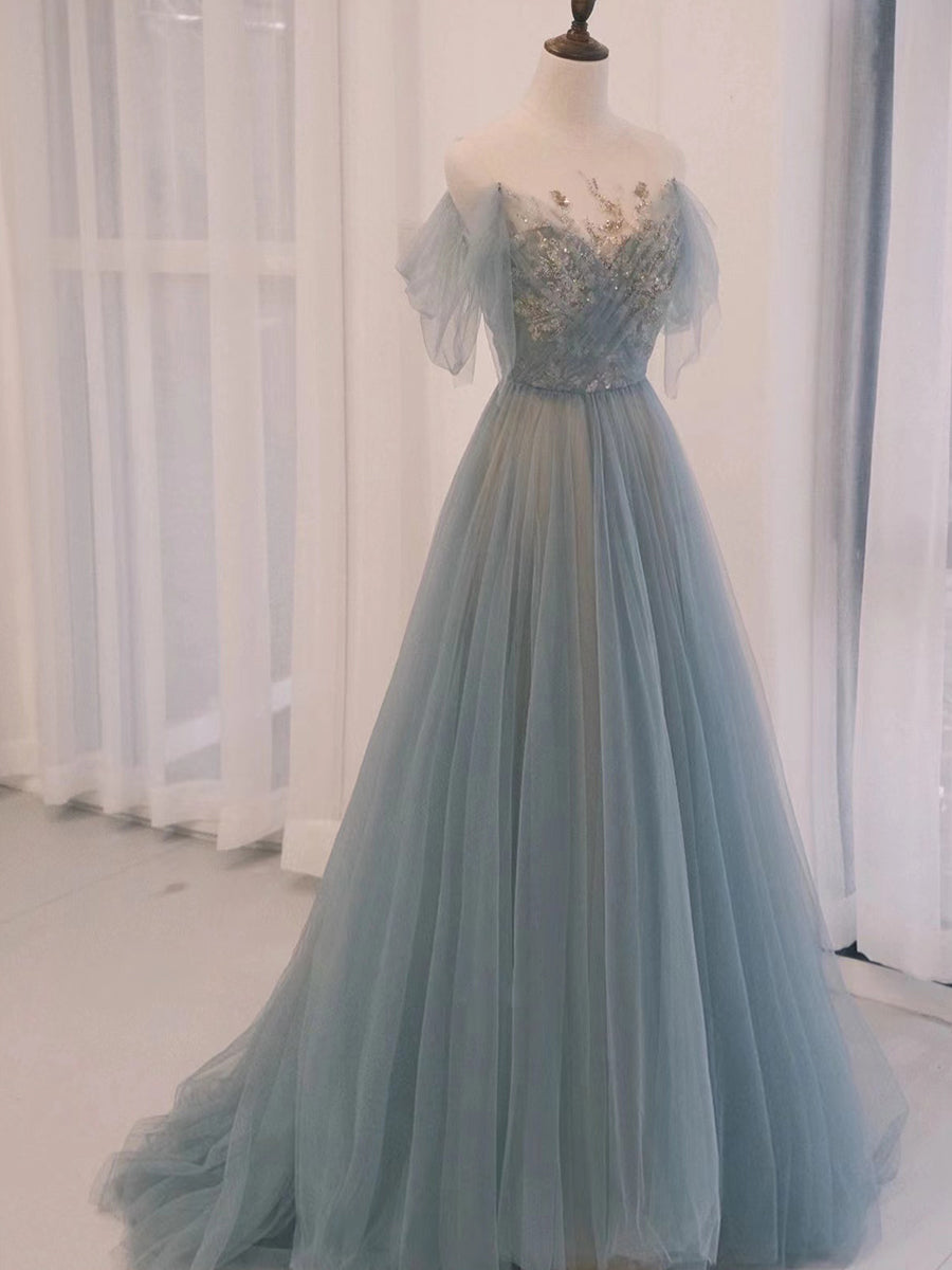 solvbao Blue Tulle Sweetheart Off Shoulder Long Party Dress, Elegant Evening Dress