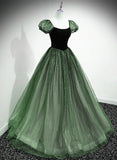 Solvbao Green Shiny Tulle Short Sleevse Long Formal Dress, Green A-line Prom Dress Party Dress