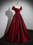 Solvbao Wine Red Satin Short Sleeves Long Party Dress, Simple Wine Red Satin Prom Dress