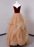 Solvbao Champagne Tulle and Velvet Low Back Beaded Prom Dress, Long Party Dress