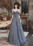 Solvbao Lovely Off Shoulder Beaded Tulle Prom Dress Party Dress, Beaded A-line Evening Dresses