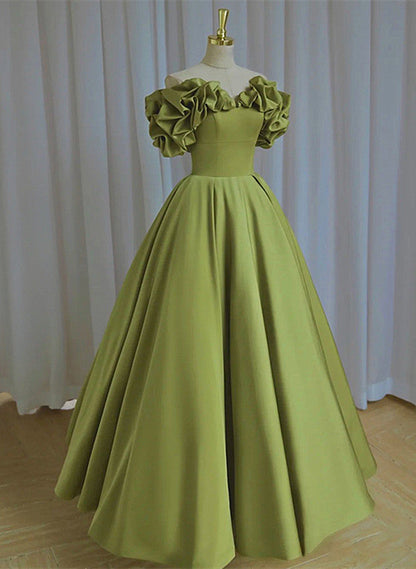 Solvbao Green Satin Long Off Shoulder Lace-up Party Dress, Green Formal Dress