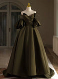 solvbao Green Satin Off Shoulder Short Sleeves Party Dress, Long Green Satin Prom Dress