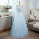 Solvbao Light Blue V-neckline Long Puffy Sleeves Party Dress, Blue Evening Gown