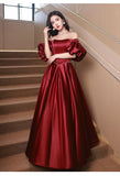 Solvbao Wine Red Satin Beaded Puffy Sleeves Long Party Dress, Wine Red Long Prom Dress