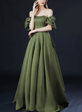 Solvbao Green Satin Long Party Dress with Short Sleeves, Green A-line Low Back Prom Dress