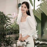 SOLVBAO White  Style Square Collar Short Sleeve Slim Stretch Long License Engagement Wedding Dress Dress