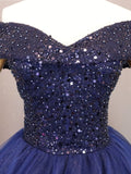 Solvbao Glam Navy Blue Off Shoulder Beaded Tulle Formal Gown, Navy Blue Sweet 16 Dress