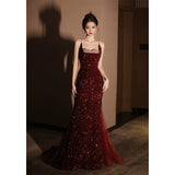 SOLVBAO Wine Red Toast Dress  New Bride Heavy Embroidery Sequins Engagement Dress Banquet Host Fishtail Suspender Dress