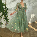 SOLVBAO European and American Evening Dress Foreign Trade Green Tulle Dance Dress Puff Sleeve V-neck Flower Floor-Length V-neck Sexy Long Dress