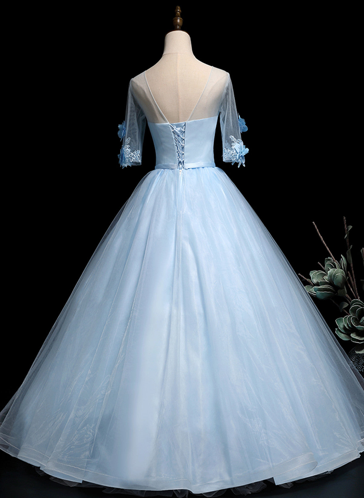 Solvbao Light Blue Ball Gown with Sleeves Party Dress, Blue Sweet 16 Dress