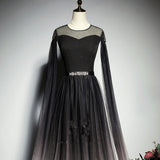 Solvbao Black Gradient Round Neckline Tulle Long Formal Dress, Black Evening Gown Party Dress