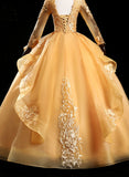 solvbao Gold Tulle Long Sleeves Lace Applique Formal Dress, Ball Gown Sweet 16 Dress