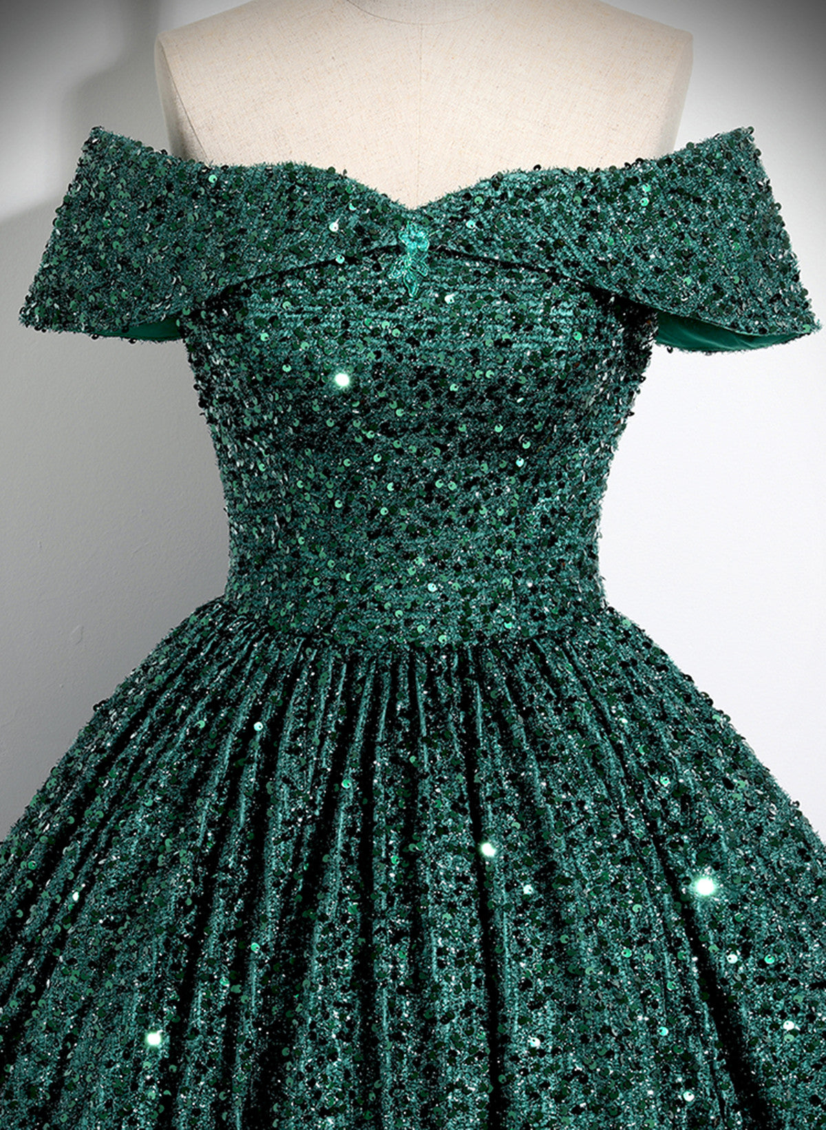 Solvbao Dark Green Sequins Off Shoulder Ball Gown Party Dress, Dark Green Formal Dress