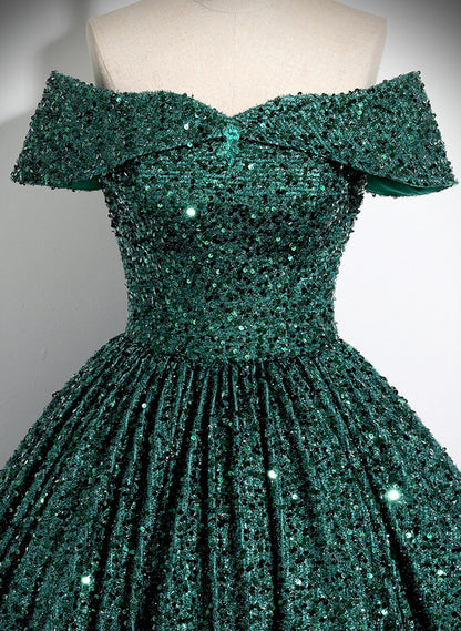 Solvbao Dark Green Sequins Off Shoulder Ball Gown Party Dress, Dark Green Formal Dress