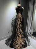 solvbao Black Halter A-line Tulle and Sequins Evening Dress, Black Long Prom Dress Party Dress