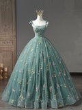 Solvbao Green Floral Tulle Off Shoulder Party Dress, Elegant Long Sweet 16 Dress