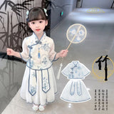 SOLVBAO Girl's Ancient Style Han Chinese Clothing Suit Chinese Style Summer Little Girl's Ancient Costume Children's Blue and White Porcelain Tang Suit Performance Wear