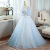 Solvbao Light Blue V-neckline Long Puffy Sleeves Party Dress, Blue Evening Gown