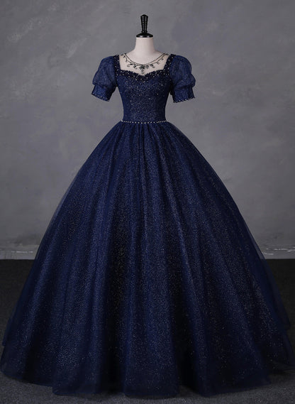 Solvbao Navy Blue Round Neckline Short Sleeves Tulle Party Dress, Navy Blue Long Prom Dress