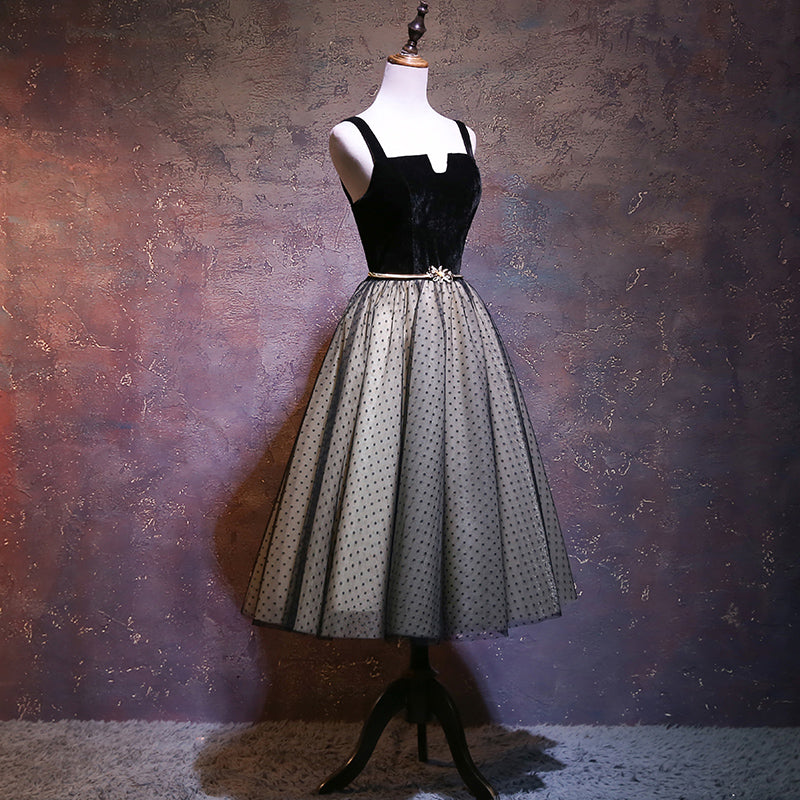 Solvbao Cute Black Tea Length Tulle with Velvet Straps Party Dress, A-line Tulle Homecoming Dress