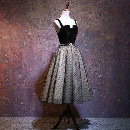 Solvbao Cute Black Tea Length Tulle with Velvet Straps Party Dress, A-line Tulle Homecoming Dress