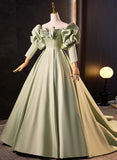 Solvbao Green Satin Off Shoulder Unique Long Party Dress, Green Satin Prom Dress