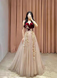 Solvbao Elegant Tulle with Velvet Long Straps Long Evening Gown, A-line Tulle Prom Dresses