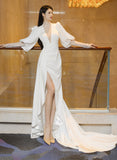 solvbao White Soft Satin Puffy Sleeves Wedding Party Dress, Beautiful White Prom Dress